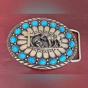 Faith Cowboy kneeling praying  cross With His Horse Belt Buckle